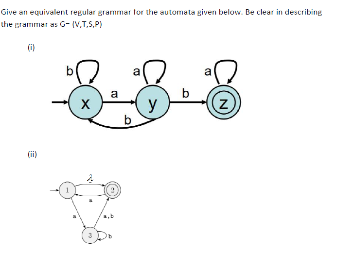 Sive an equivalent regular grammar for the automata given below. Be clear in describing
che grammar as G= (V,T,S,P)
