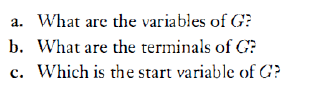 a. What are the variables of G?
b. What are the terminals of G?
c. Which is the start variable of G?
