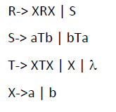 R-> XRX | S
S-> aTb | bTa
T-> XTX | X | n
X->a | b
