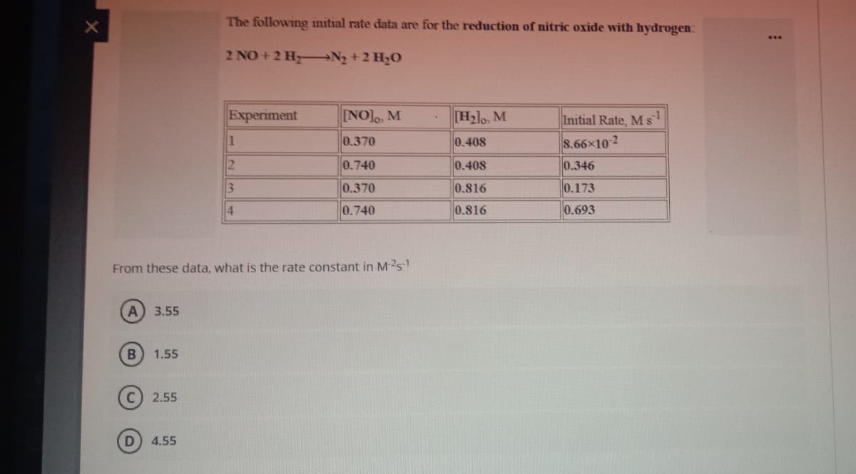 The following initial rate data are for the reduction of nitric oxide with hydrogen:
2 NO +2 Hy N3 +2 H,O
Experiment
INO], M
Hlo, M
Initial Rate, Ms
0.370
0.408
8.66x10 2
0.740
0.408
0.346
0.370
0.816
0.173
4
0.740
0.816
0.693
From these data, what is the rate constant in Ms
A 3.55
1.55
2.55
4.55
