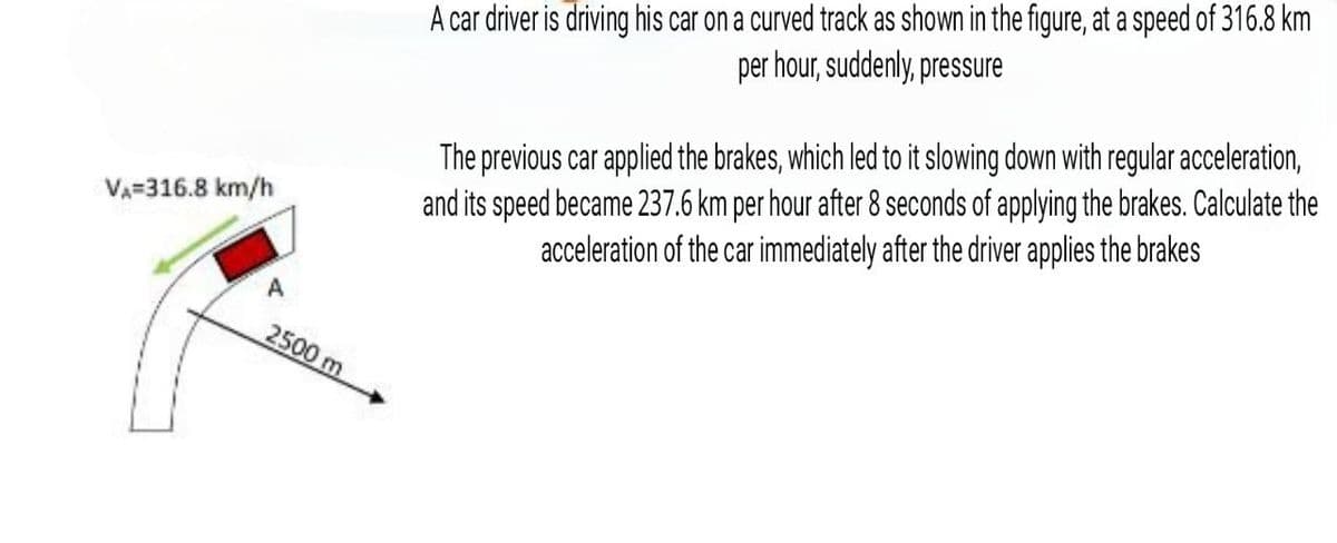 A car driver is driving his car on a curved track as shown in the figure, at a speed of 316.8 km
per hour, suddenly, pressure
The previous car applied the brakes, which led to it slowing down with regular acceleration,
and its speed became 237.6 km per hour after 8 seconds of applying the brakes. Calculate the
acceleration of the car immediately after the driver applies the brakes
VA=316.8 km/h
2500 m
