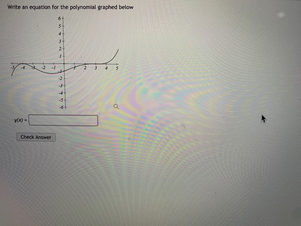 Write an equation for the polynomial graphed below
6+
4+
3+
2-
1-
-4
-2
-1
4
5
-2
-3
-4
-5
-6+
y(x) =
Check Answer
