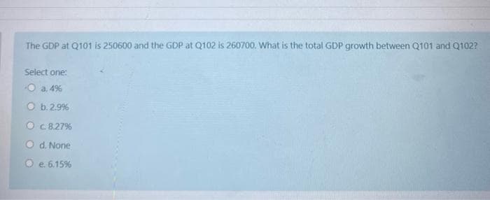 The GDP at Q101 is 250600 and the GDP at Q102 is 260700. What is the total GDP growth between Q101 and Q102?
Select one:
O a. 4%
O b.2.9%
O C8.27%
O d. None
O e. 6.15%
