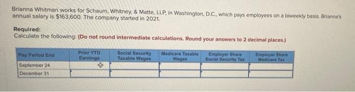 Brianna Whitman works for Schaum, Whitney, & Matte, LLP, in Washington, D.C., which pays employees on a biweekly basis. Brianna's
annual salary is $163,600. The company started in 2021.
Required:
Calculate the following: (Do not round intermediate caiculations. Round your answers to 2 decimal places.)
Prior YTD
Eamings
Social Security
Taxable Wages
Medicare Taxable
Wages
Employer Share
Social Security Tax
Employer Share
Medicare Tax
Pay Period End
September 24
December 31
