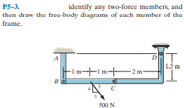 P5-3.
then draw the free-body diagrams of each member of the
identify any two-force members, and
frame.
F1m--1 m--
2 m
500 N
