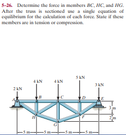 5-26. Determine the force in members BC, HC, and HG.
After the truss is sectioned use a single equation of
equilibrium for the calculation of each force. State if these
members are in tension or compression.
5 kN
4 kN
4 kN
3 kN
2 kN
5 m-
-5 m
-5m--5 m-
