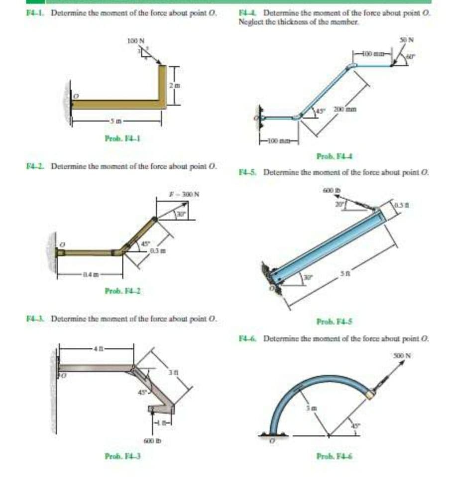 F4-L Determine the moment of the force about point 0.
F44 Determine the moment of the force about point O.
Neglect the thickoess of the mamber.
100 N
SON
H00 m
200 mm
Prob. F41
100 m-
Prob. F44
F4-2. Determine the moment of the force about point 0.
F4-5. Determine the moment of the force about point O.
00 b
F- 300 N
1.4m-
3R
Prob. F4-2
F41 Determine the moment uf the force about point O.
Prob. F4-5
F46 Determine the moment of the force about point O.
Prob. F43
Prob. F46
