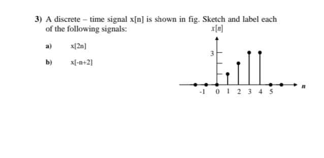 3) A discrete - time signal x[n] is shown in fig. Sketch and label each
of the following signals:
x[n]
a)
x{2n]
ill.
b)
xl-n+2]
-1012 3 4 5
