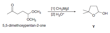 [1] CH3MGI
[2] H,O*
LOCH3
HO.
ОСHЗ
5,5-dimethoxypentan-2-one
