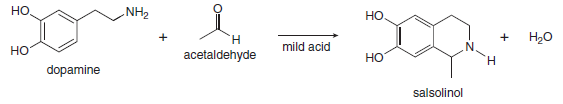 .NH2
но
Но
H20
mild acid
но
H.
acetaldehyde
Н
Но
dopamine
salsolinol
