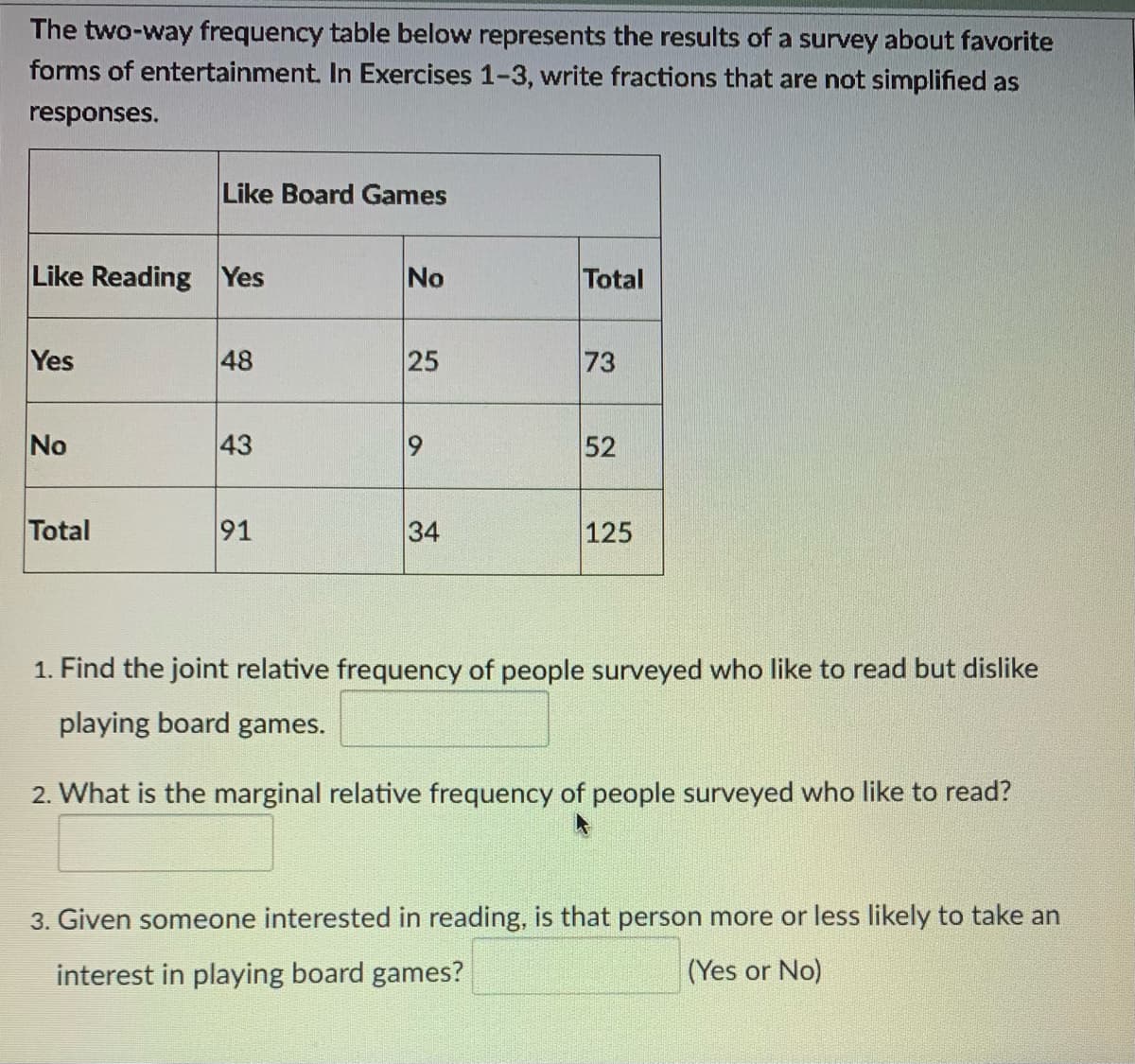 The two-way frequency table below represents the results of a survey about favorite
forms of entertainment. In Exercises 1-3, write fractions that are not simplified as
responses.
Like Board Games
Like Reading Yes
No
Total
Yes
48
25
73
No
43
52
Total
91
34
125
1. Find the joint relative frequency of people surveyed who like to read but dislike
playing board games.
2. What is the marginal relative frequency of people surveyed who like to read?
3. Given someone interested in reading, is that person more or less likely to take an
interest in playing board games?
(Yes or No)
