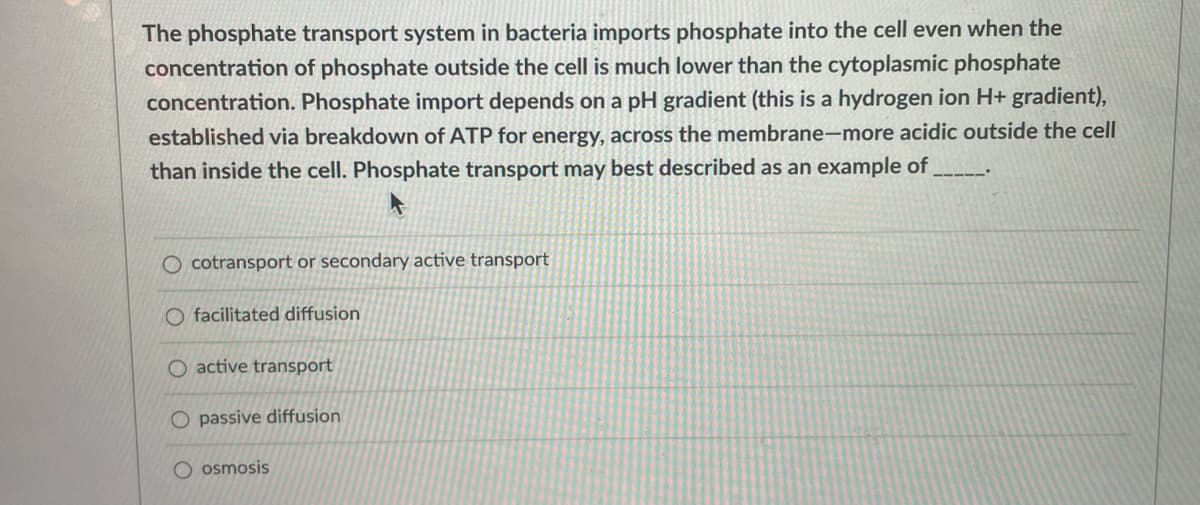 The phosphate transport system in bacteria imports phosphate into the cell even when the
concentration of phosphate outside the cell is much lower than the cytoplasmic phosphate
concentration. Phosphate import depends on a pH gradient (this is a hydrogen ion H+ gradient),
established via breakdown of ATP for energy, across the membrane-more acidic outside the cell
than inside the cell. Phosphate transport may best described as an example of
F
Ocotransport or secondary active transport
O facilitated diffusion
O active transport
O passive diffusion
O osmosis