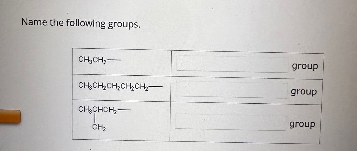 Name the following groups.
CH3CH2-
CH3CH₂CH₂CH₂CH₂-
CH3CHCH₂-
CH3
group
group
group