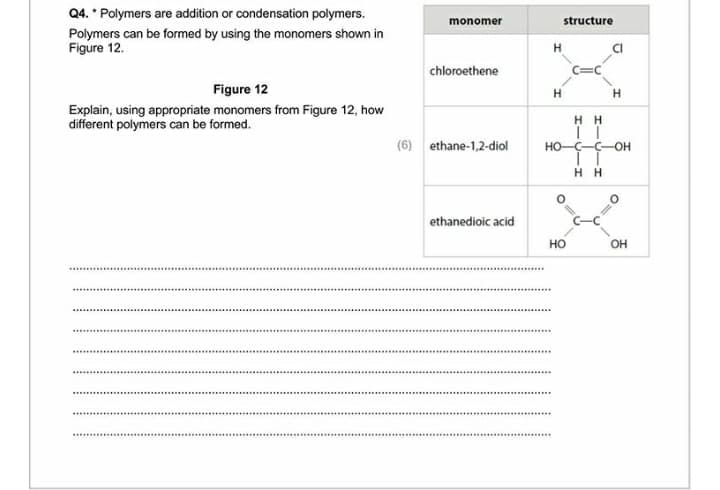 Q4. * Polymers are addition or condensation polymers.
monomer
structure
Polymers can be formed by using the monomers shown in
Figure 12.
CI
chloroethene
C=C
Figure 12
Explain, using appropriate monomers from Figure 12, how
different polymers can be formed.
H H
(6) ethane-1,2-diol
HO-C-C-OH
H H
ethanedioic acid
но
OH
