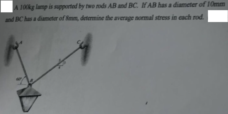 A 100kg lamp is supported by two rods AB and BC. If AB has a diameter of 10mm
and BC has a diameter of 8mm, determine the average normal stress in each rod.
60
