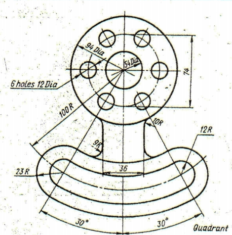 94 Dia
54 D
6 holes 12 Dia
100 R
OR
12R
9R
36
23 R
30
30°
Qиadrant
