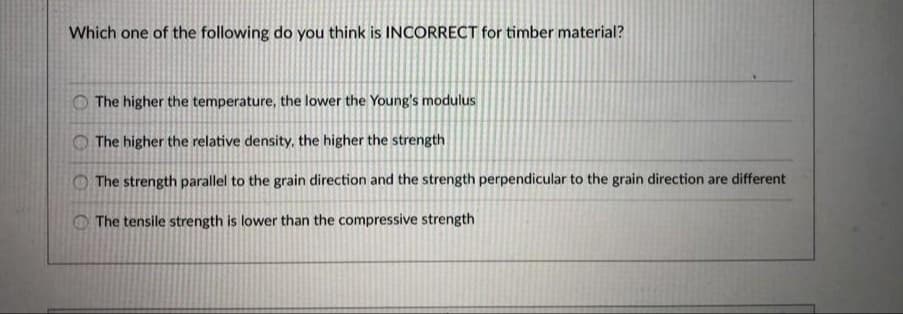 Which one of the following do you think is INCORRECT for timber material?
O The higher the temperature, the lower the Young's modulus
O The higher the relative density, the higher the strength
O The strength parallel to the grain direction and the strength perpendicular to the grain direction are different
The tensile strength is lower than the compressive strength
