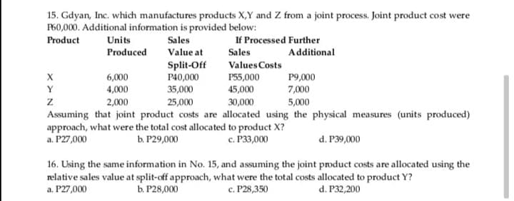 15. Gdyan, Inc. which manufactures products X,Y and Z from a joint process. Joint product cost were
P60,000. Additional information is provided below:
If Processed Further
Additional
Product
Units
Sales
Produced
Value at
Sales
Split-Off
P40,000
35,000
Values Costs
P55,000
45,000
30,000
Assuming that joint product costs are allocated using the physical measures (units produced)
6,000
4,000
2,000
P9,000
7,000
5,000
Y
z
25,000
approach, what were the total cost allocated to product X?
a. P27,000
b. Р29,000
с. Р3З,000
d. P39,000
16. Using the same information in No. 15, and assuming the joint product costs are allocated using the
relative sales value at split-off approach, what were the total costs allocated to product Y?
а. Р27,000
Ь Р28,000
с. Р28,350
d. Р32,200
