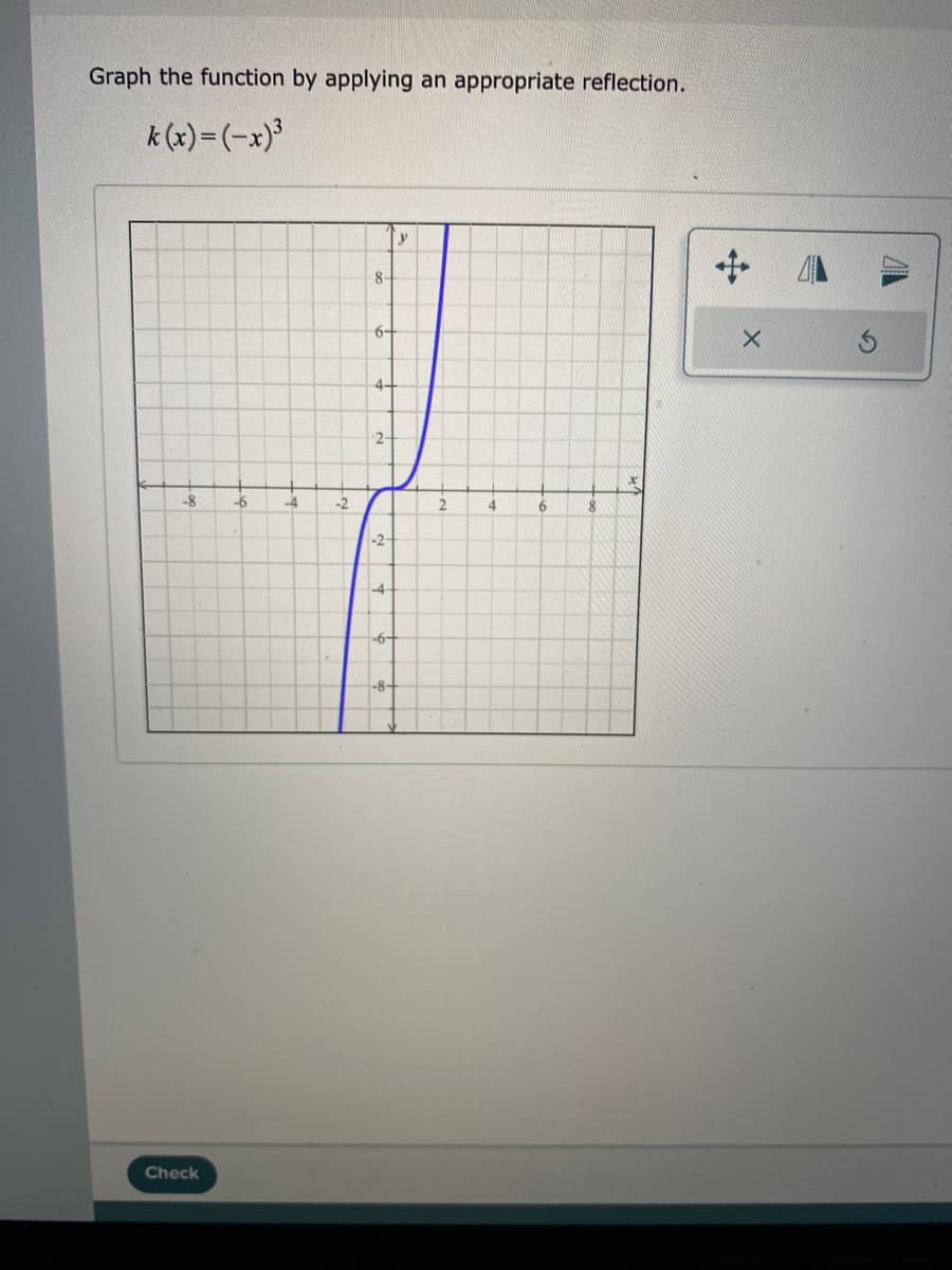 Graph the function by applying an appropriate reflection.
k (x)=(-x)³
8-
6+
4-
2-
-8
-6
-4
-2
4
6.
-2-
-4
-8-
Check
