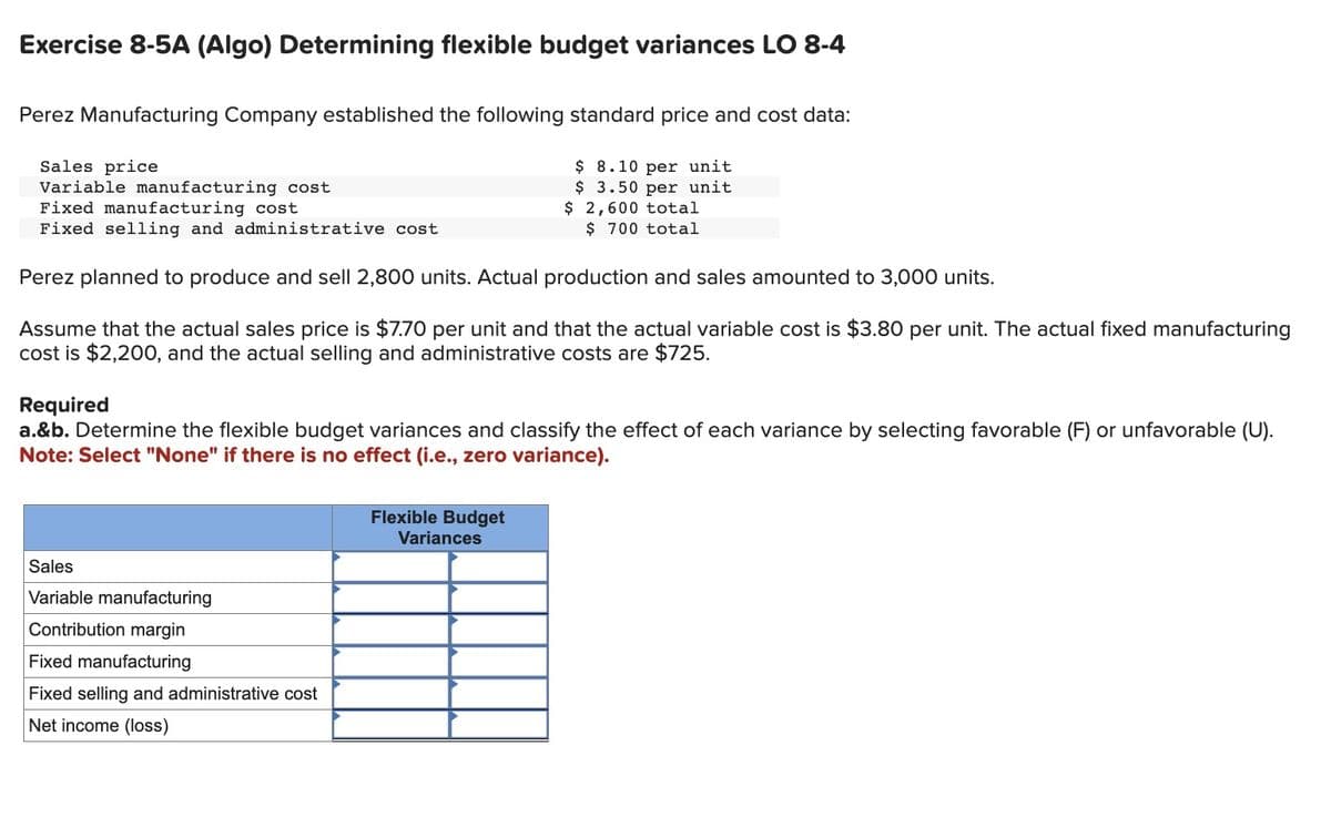 Exercise 8-5A (Algo) Determining flexible budget variances LO 8-4
Perez Manufacturing Company established the following standard price and cost data:
Sales price
Variable manufacturing cost
Fixed manufacturing cost
Fixed selling and administrative cost
Perez planned to produce and sell 2,800 units. Actual production and sales amounted to 3,000 units.
Assume that the actual sales price is $7.70 per unit and that the actual variable cost is $3.80 per unit. The actual fixed manufacturing
cost is $2,200, and the actual selling and administrative costs are $725.
Required
a.&b. Determine the flexible budget variances and classify the effect of each variance by selecting favorable (F) or unfavorable (U).
Note: Select "None" if there is no effect (i.e., zero variance).
Sales
Variable manufacturing
Contribution margin
$ 8.10 per unit
$ 3.50 per unit
$ 2,600 total
$ 700 total
Fixed manufacturing
Fixed selling and administrative cost
Net income (loss)
Flexible Budget
Variances