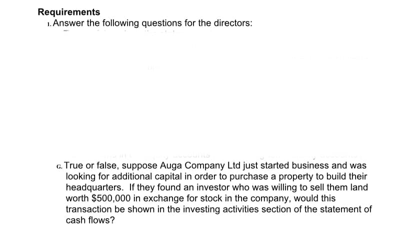 Requirements
1. Answer the following questions for the directors:
G. True or false, suppose Auga Company Ltd just started business and was
looking for additional capital in order to purchase a property to build their
headquarters. If they found an investor who was willing to sell them land
worth $500,000 in exchange for stock in the company, would this
transaction be shown in the investing activities section of the statement of
cash flows?
