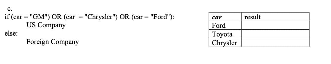 с.
if (car = "GM") OR (car = "Chrysler") OR (car = "Ford"):
result
сar
US Company
Ford
else:
Тоyota
Chrysler
Foreign Company
