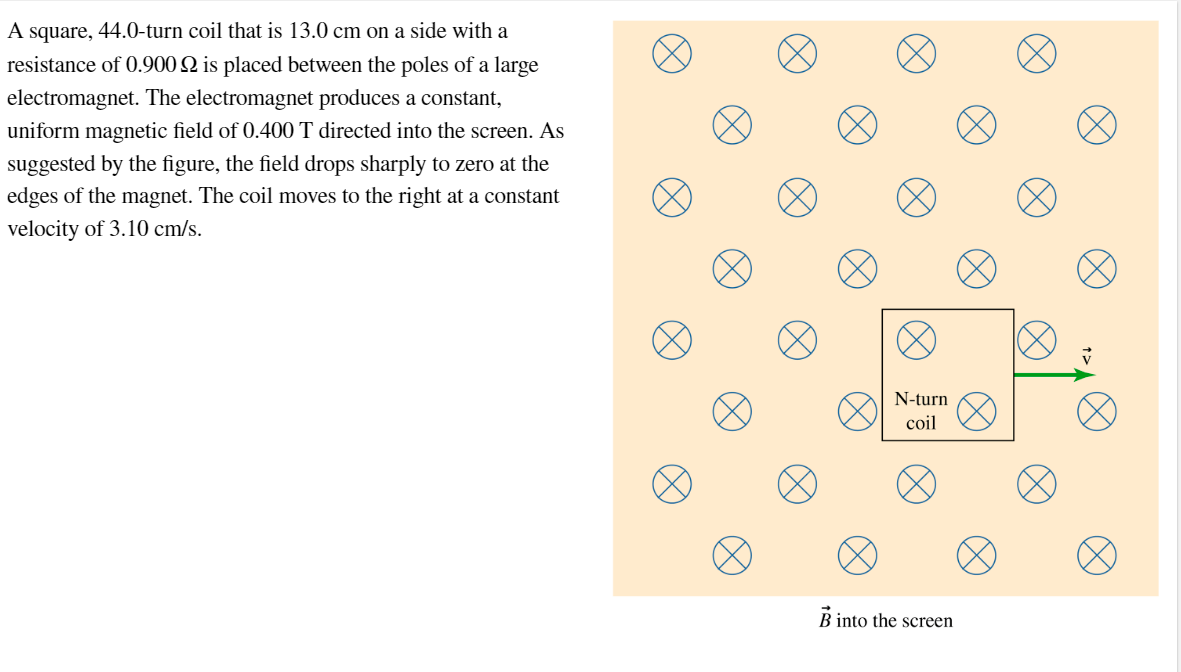 A square, 44.0-turn coil that is 13.0 cm on a side with a
resistance of 0.900 2 is placed between the poles of a large
electromagnet. The electromagnet produces a constant,
uniform magnetic field of 0.400 T directed into the screen. As
suggested by the figure, the field drops sharply to zero at the
edges of the magnet. The coil moves to the right at a constant
velocity of 3.10 cm/s.
N-turn
coil
B into the screen
V