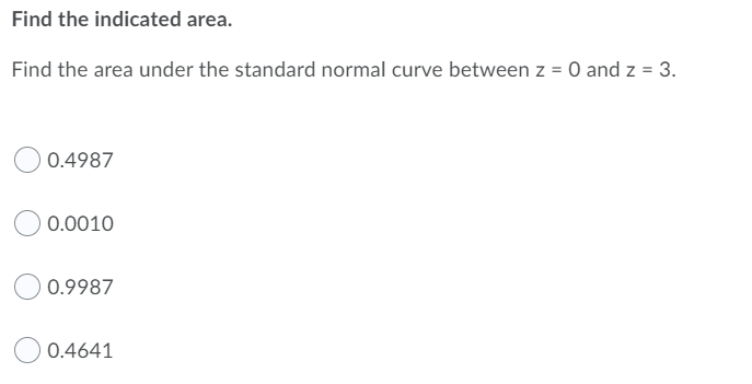 Find the indicated area.
Find the area under the standard normal curve between z = 0 and z = 3.
0.4987
0.0010
0.9987
0.4641
