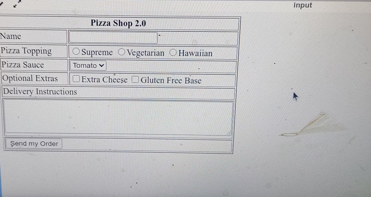 Input
Pizza Shop 2.0
Name
Pizza Topping
Supreme O Vegetarian OHawaiian
Pizza Sauce
Tomato v
Optional Extras
Delivery Instructions
OExtra Cheese Gluten Free Base
Şend my Order
