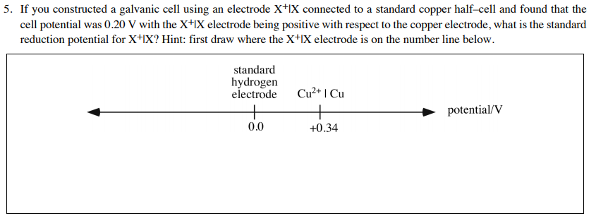 5. If you constructed a galvanic cell using an electrode X+IX connected to a standard copper half-cell and found that the
cell potential was 0.20 V with the X+lX electrode being positive with respect to the copper electrode, what is the standard
reduction potential for X+IX? Hint: first draw where the X+lX electrode is on the number line below.
standard
hydrogen
electrode
Cu²+ | Cu
+
potential/V
0.0
+0.34
