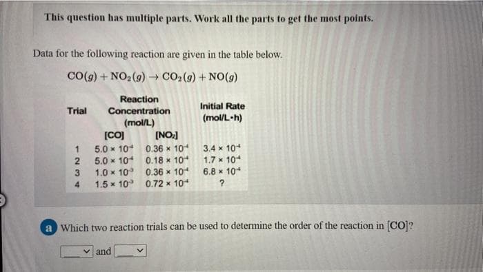 This question has multiple parts. Work all the parts to get the most points.
Data for the following reaction are given in the table below.
CO(g) + NO2(9) → CO2(9) + NO(g)
Reaction
Initial Rate
Trial
Concentration
(mol/L-h)
(mol/L)
[CO]
(NO:]
5.0 x 10 0.36 x 10
5.0 x 10 0.18 x 104
1.0 x 10 0.36 x 10
3.4 x 104
1.7 x 104
2
3
6.8 x 10*
4
1.5 x 10 0.72 x 104
a Which two reaction trials can be used to determine the order of the reaction in [COl?
v and
