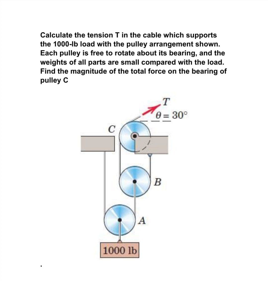 Calculate the tension T in the cable which supports
the 1000-lb load with the pulley arrangement shown.
Each pulley is free to rotate about its bearing, and the
weights of all parts are small compared with the load.
Find the magnitude of the total force on the bearing of
pulley C
.T
e = 30°
B
A
1000 lb
