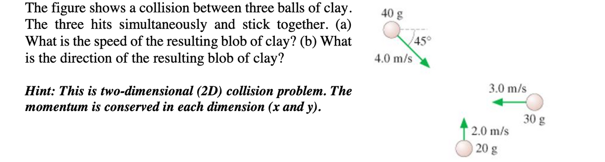 The figure shows a collision between three balls of clay.
The three hits simultaneously and stick together. (a)
What is the speed of the resulting blob of clay? (b) What
is the direction of the resulting blob of clay?
40 g
45°
4.0 m/s
3.0 m/s
Hint: This is two-dimensional (2D) collision problem. The
momentum is conserved in each dimension (x and y).
30 g
2.0 m/s
20 g
