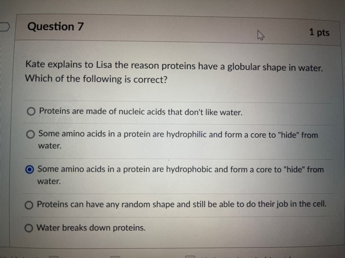 Question 7
1 pts
Kate explains to Lisa the reason proteins have a globular shape in water.
Which of the following is correct?
O Proteins are made of nucleic acids that don't like water.
Some amino acids in a protein are hydrophilic and form a core to "hide" from
water.
Some amino acids in a protein are hydrophobic and form a core to "hide" from
water.
Proteins can have any random shape and still be able to do their job in the cell.
Water breaks down proteins.
