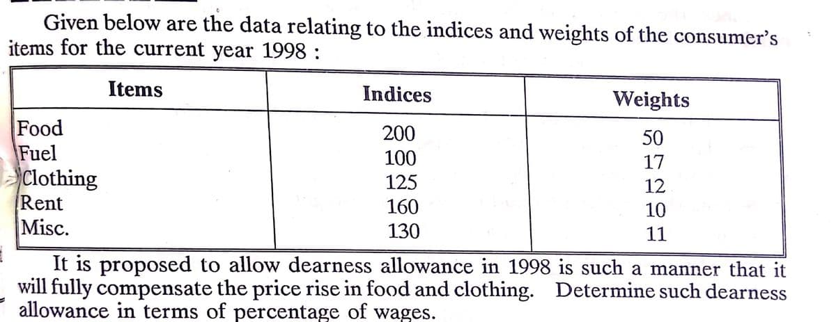 Given below are the data relating to the indices and weights of the consumer's
items for the current year 1998 :
Items
Indices
Weights
Food
Fuel
Clothing
Rent
Misc.
200
50
100
17
125
12
160
10
130
11
It is proposed to allow dearness allowance in 1998 is such a manner that it
will fully compensate the price rise in food and clothing. Determine such dearness
allowance in terms of percentage of wages.
