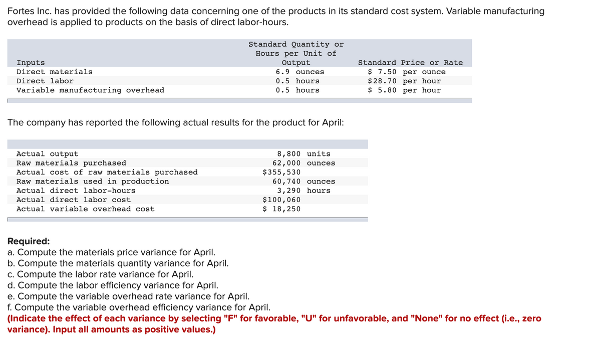 Fortes Inc. has provided the following data concerning one of the products in its standard cost system. Variable manufacturing
overhead is applied to products on the basis of direct labor-hours.
Standard Quantity or
Hours per Unit of
Output
Standard Price or Rate
Inputs
Direct materials
6.9 ounces
$ 7.50 per ounce
$28.70 per hour
$ 5.80 per hour
Direct labor
0.5 hours
Variable manufacturing overhead
0.5 hours
The company has reported the following actual results for the product for April:
Actual output
Raw materials purchased
Actual cost of raw materials purchased
Raw materials used in production
8,800 units
62,000 ounces
$355,530
60,740 ounces
3,290 hours
$100,060
$ 18,250
Actual direct labor-hours
Actual direct labor cost
Actual variable overhead cost
Required:
a. Compute the materials price variance for April.
b. Compute the materials quantity variance for April.
c. Compute the labor rate variance for April.
d. Compute the labor efficiency variance for April.
e. Compute the variable overhead rate variance for April.
f. Compute the variable overhead efficiency variance for April.
(Indicate the effect of each variance by selecting "F" for favorable, "U" for unfavorable, and "None" for no effect (i.e., zero
variance). Input all amounts as positive values.)
