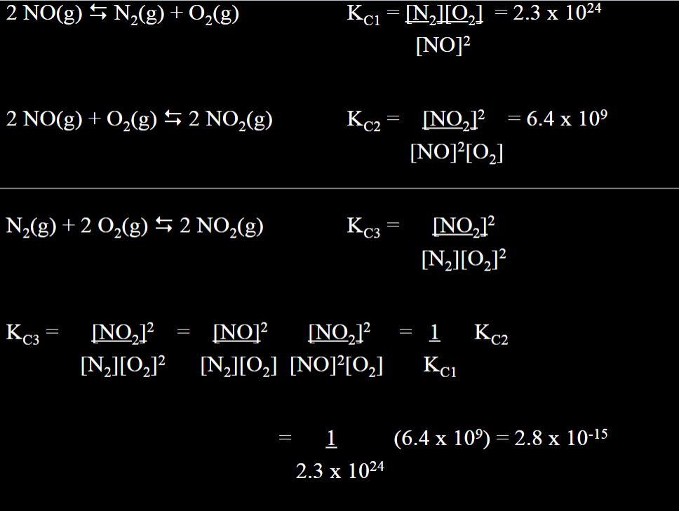 2 NO(g) ⇒ N₂(g) + O₂(g)
2 NO(g) + O₂(g) ⇒ 2 NO₂(g)
N₂(g) + 2 O₂(g) ⇒ 2 NO₂(g)
KC3
[NO₂]² [NO]²
[N₂][0₂]² [N₂][0₂]
=
—
Kc1 = [N₂][O₂] = 2.3 x 10²4
[NO]²
Kc2
KC3
[NO]²[0₂]
—
1
2.3 x 1024
[NO₂]²
[NO]²[0₂]
[NO₂] = 1
[NO₂]²
[N₂][0₂]²
= 6.4 x 10⁹
Kcl
KC2
(6.4 x 10⁹) = 2.8 x 10-¹5