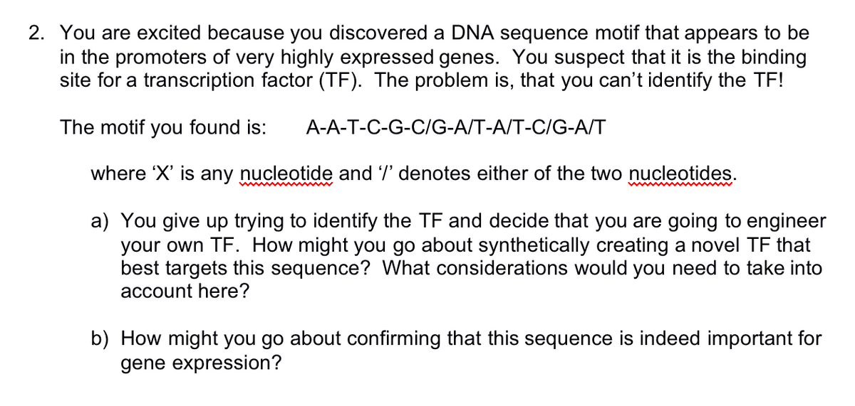 2. You are excited because you discovered a DNA sequence motif that appears to be
in the promoters of very highly expressed genes. You suspect that it is the binding
site for a transcription factor (TF). The problem is, that you can't identify the TF!
The motif you found is: A-A-T-C-G-C/G-A/T-A/T-C/G-A/T
where 'X' is any nucleotide and '/' denotes either of the two nucleotides.
a) You give up trying to identify the TF and decide that you are going to engineer
your own TF. How might you go about synthetically creating a novel TF that
best targets this sequence? What considerations would you need to take into
account here?
b) How might you go about confirming that this sequence is indeed important for
gene expression?