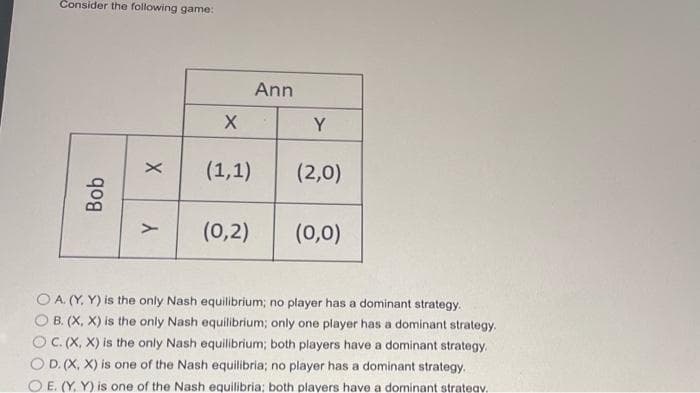 Consider the following game:
X
Y
(1,1)
(2,0)
(0,2)
(0,0)
OA. (Y, Y) is the only
Nash equilibrium; no player has a dominant strategy.
OB. (X, X) is the only Nash equilibrium; only one player has a dominant strategy.
C. (X, X) is the only Nash equilibrium; both players have a dominant strategy.
OD. (X, X) is one of the Nash equilibria; no player has a dominant strategy.
E. (Y, Y) is one of the Nash equilibria; both players have a dominant strategy.
Bob
X
Ann
Y
