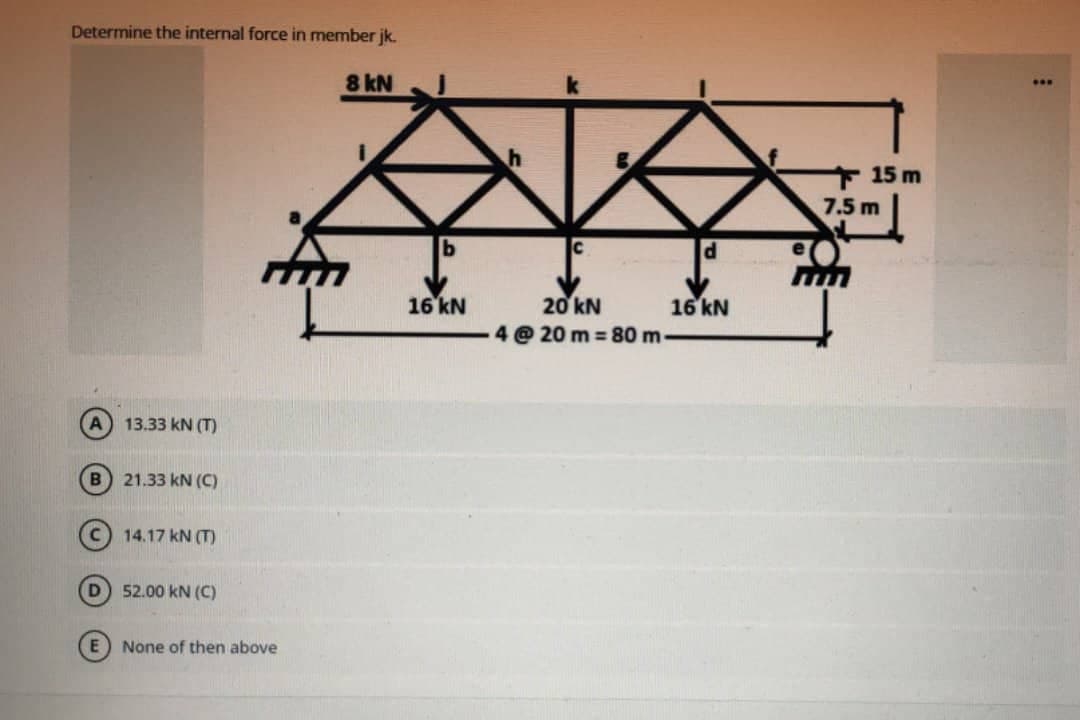 Determine the internal force in member jk.
13.33 KN (T)
B) 21.33 kN (C)
14.17 kN (T)
D) 52.00 KN (C)
None of then above
8 kN
16 kN
20 kN
4@20 m 80 m-
d
16 kN
15 m
7.5 m
***