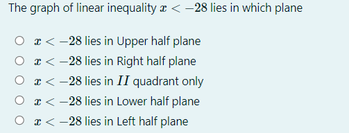 The graph of linear inequality x < -28 lies in which plane
O r< -28 lies in Upper half plane
O r < -28 lies in Right half plane
O r< -28 lies in II quadrant only
O r < -28 lies in Lower half plane
O r < -28 lies in Left half plane
