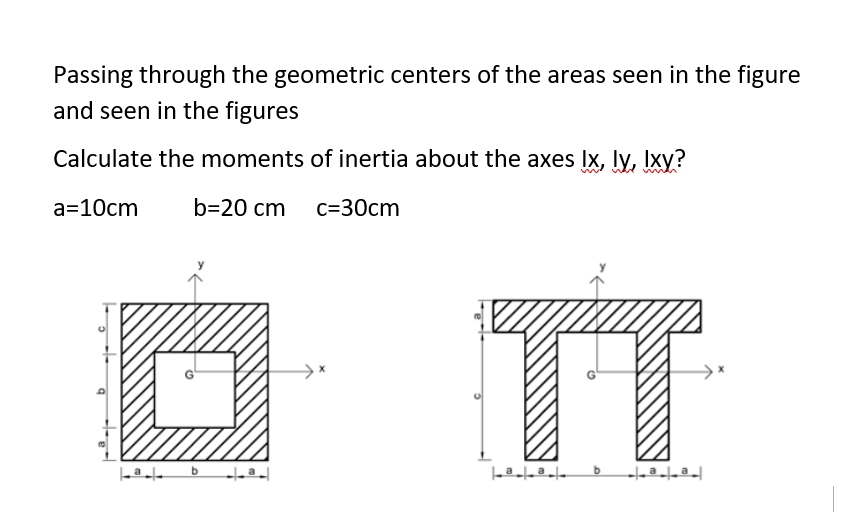 Passing through the geometric centers of the areas seen in the figure
and seen in the figures
Calculate the moments of inertia about the axes Ix, ly, lxy?
a=10cm
b=20 cm c=30cm
T
|aa|
□
b
ªl
↓ªl