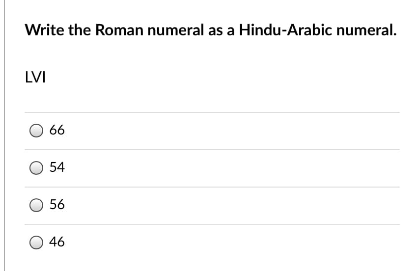 Write the Roman numeral as a Hindu-Arabic numeral.
LVI
66
54
56
46
