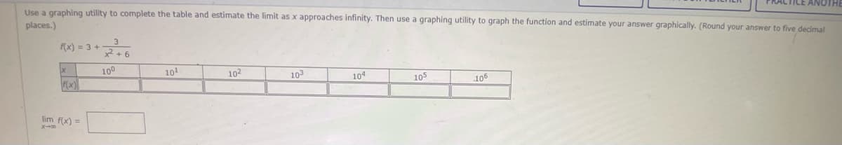 Use a graphing utility to complete the table and estimate the limit as x approaches infinity. Then use a graphing utility to graph the function and estimate your answer graphically. (Round your answer to five decimal
places.)
fx) = 3 +
2 + 6
100
101
102
103
104
105
105
F(x)
lim f(x) =
