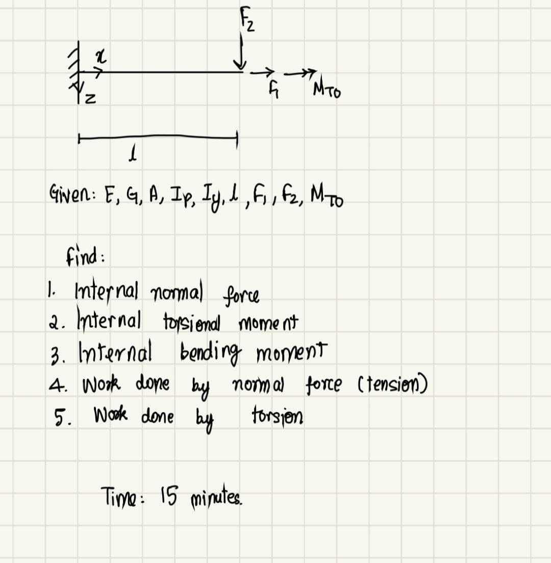1 z
Az
f
l
Given: E, G, A, Ip, Iy, l, F₁, F₂, MTO
find:
1. Internal normal force
2. Internal torsional moment
Мто
Time: 15 minutes.
3. Internal bending moment
4. Work done by normal force (tension)
5. Work done by torsion