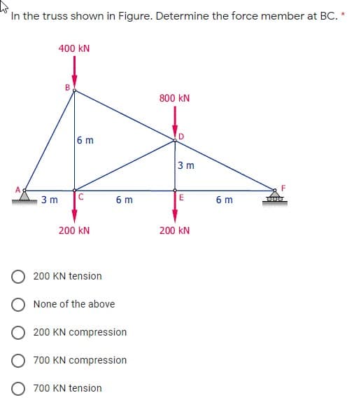 In the truss shown in Figure. Determine the force member at BC. *
400 kN
B
800 kN
D
6 m
3 m
3 m
6 m
E
6 m
200 kN
200 kN
200 KN tension
O None of the above
200 KN compression
700 KN compression
700 KN tension
