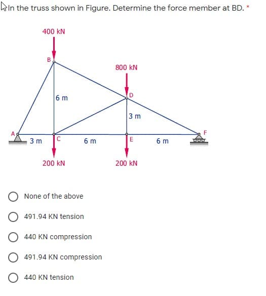 hoin the truss shown in Figure. Determine the force member at BD. *
400 kN
B
800 kN
D
6 m
3 m
A
F
3 m
6 m
6 m
200 kN
200 kN
None of the above
O 491.94 KN tension
440 KN compression
491.94 KN compression
440 KN tension
