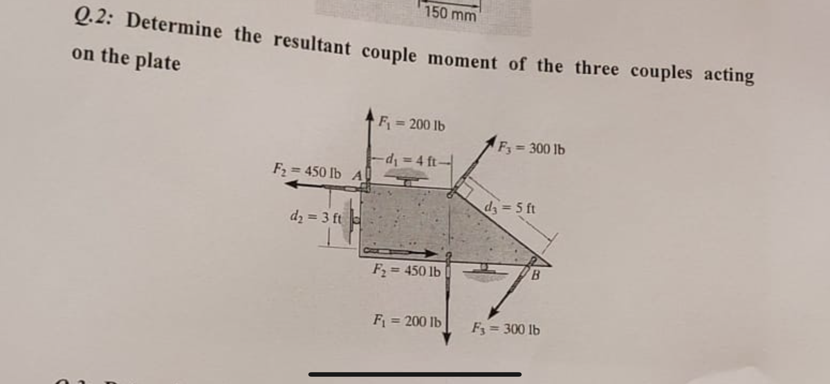 150 mm
Q.2: Determine the resultant couple moment of the three couples acting
on the plate
F = 200 lb
F3 = 300 lb
%3D
-d=4 ft-
F2 = 450 lb A!
%3D
dz 5 ft
%3D
dz = 3 ft a
F2 = 450 lb
B.
%3D
F = 200 lb
F3 = 300 lb
%3D
