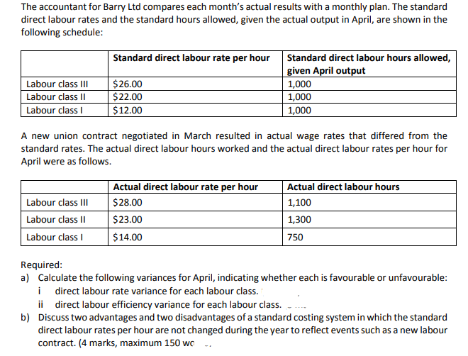Required:
a) Calculate the following variances for April, indicating whether each is favourable or unfavourable:
i direct labour rate variance for each labour class.
ii direct labour efficiency variance for each labour class.
b) Discuss two advantages and two disadvantages of a standard costing system in which the standard
direct labour rates per hour are not changed during the year to reflect events such as a new labour
contract. (4 marks, maximum 150 wo
