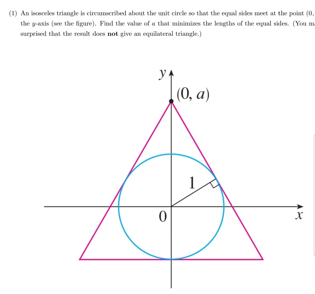 (1) An isosceles triangle is circumscribed about the unit circle so that the equal sides meet at the point (0,
the y-axis (see the figure). Find the value of a that minimizes the lengths of the equal sides. (You ma
surprised that the result does not give an equilateral triangle.)
УА
(0, a)
1
